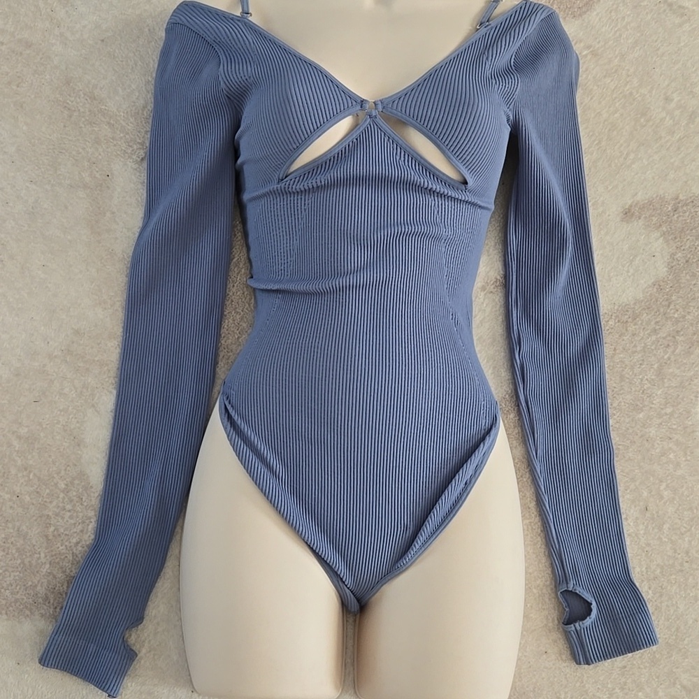 Free People FO Movement Ribbed V-Neck Bodysuit Cut-Out Blue Top XS/S NEW!